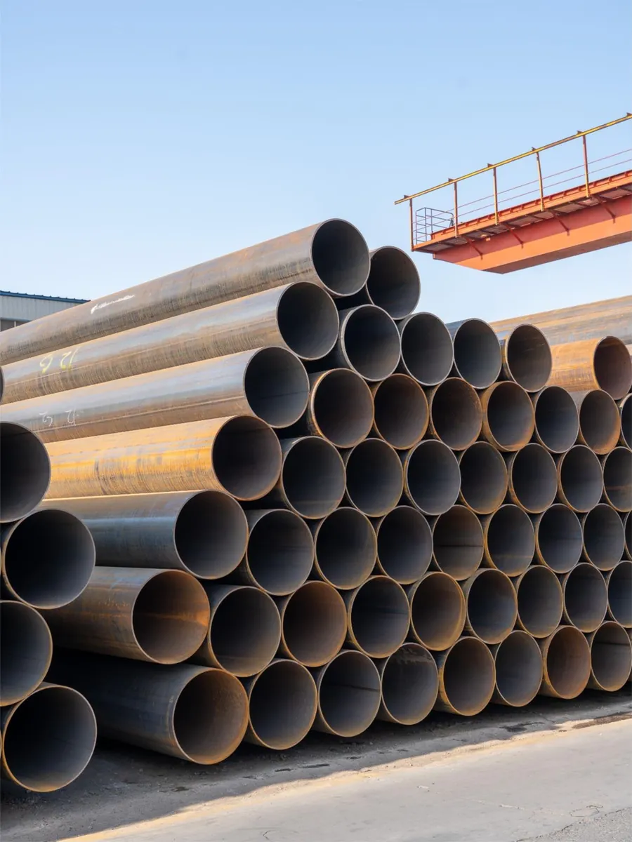 Large-diameter industrial steel pipes stacked in a yard