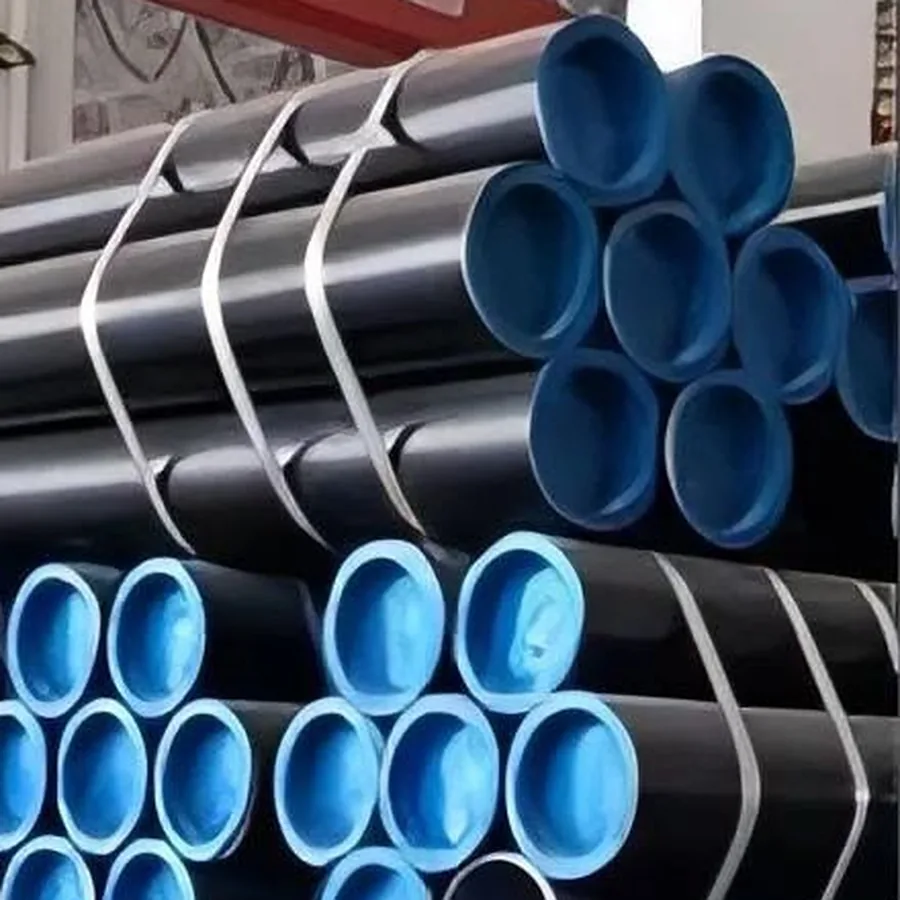 Close view of strapped steel pipe bundles with blue end caps